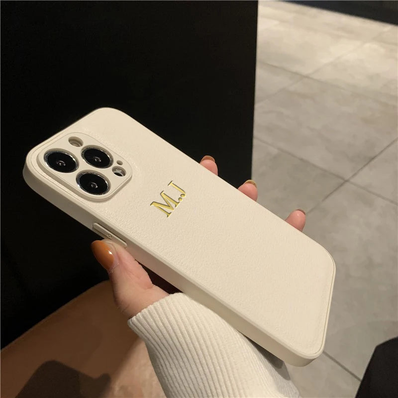 Customized Name Case For iPhone 15 14 13 12 11 Pro Max Initials Letters Leather